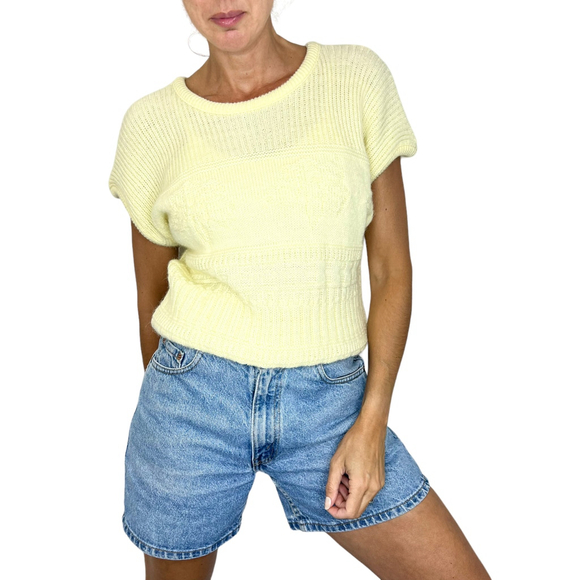 Vintage Sweaters - Vintage 80s 90s pale yellow dolman sleeve jacquard knit retro sweater M